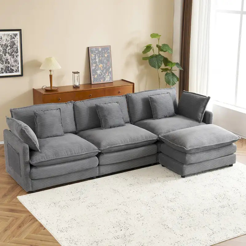 Ecksofa mit verschiebbarem Hocker, L-förmige Cordcouch mit tiefem Sitz, Lendenkissen und Seitentaschen