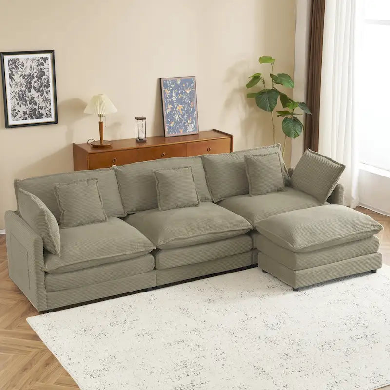 Ecksofa mit verschiebbarem Hocker, L-förmige Cordcouch mit tiefem Sitz, Lendenkissen und Seitentaschen