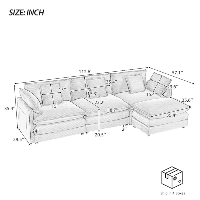 Ecksofa mit verschiebbarem Hocker, L-förmige Cordcouch mit tiefem Sitz, Lendenkissen und Seitentaschen