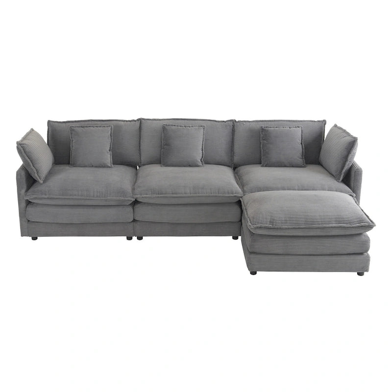 Ecksofa mit verschiebbarem Hocker, L-förmige Cordcouch mit tiefem Sitz, Lendenkissen und Seitentaschen