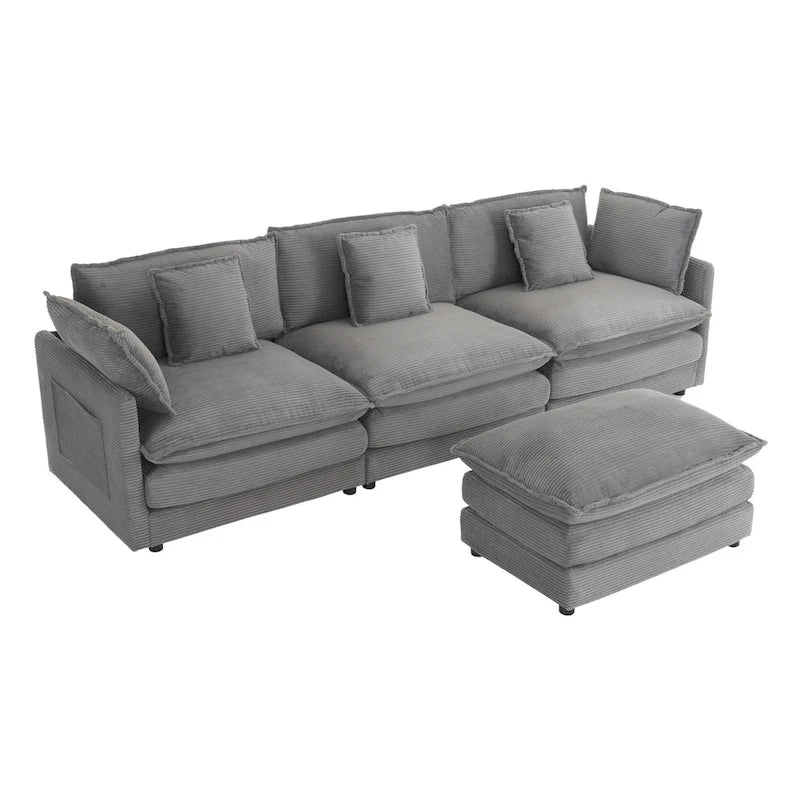 Ecksofa mit verschiebbarem Hocker, L-förmige Cordcouch mit tiefem Sitz, Lendenkissen und Seitentaschen