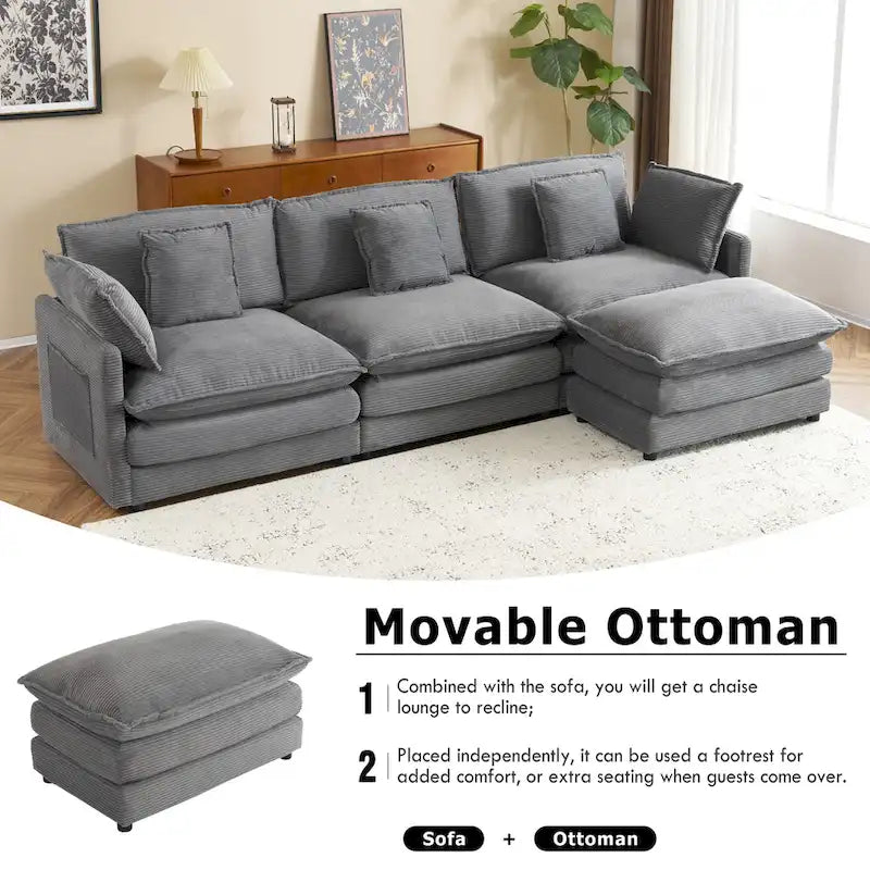 Ecksofa mit verschiebbarem Hocker, L-förmige Cordcouch mit tiefem Sitz, Lendenkissen und Seitentaschen