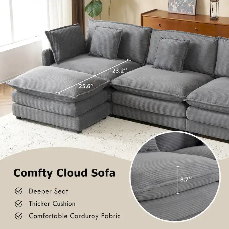 Ecksofa mit verschiebbarem Hocker, L-förmige Cordcouch mit tiefem Sitz, Lendenkissen und Seitentaschen