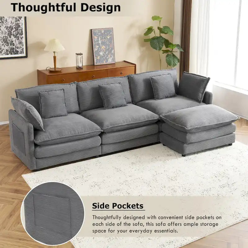 Ecksofa mit verschiebbarem Hocker, L-förmige Cordcouch mit tiefem Sitz, Lendenkissen und Seitentaschen