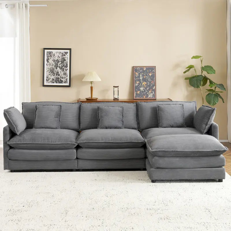 Ecksofa mit verschiebbarem Hocker, L-förmige Cordcouch mit tiefem Sitz, Lendenkissen und Seitentaschen