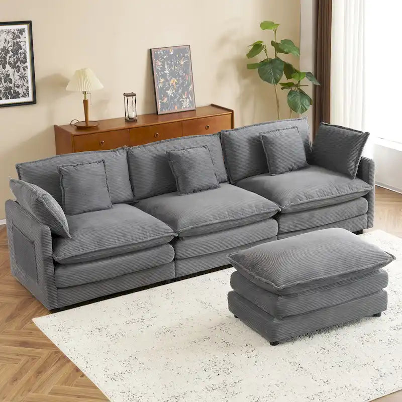Ecksofa mit verschiebbarem Hocker, L-förmige Cordcouch mit tiefem Sitz, Lendenkissen und Seitentaschen
