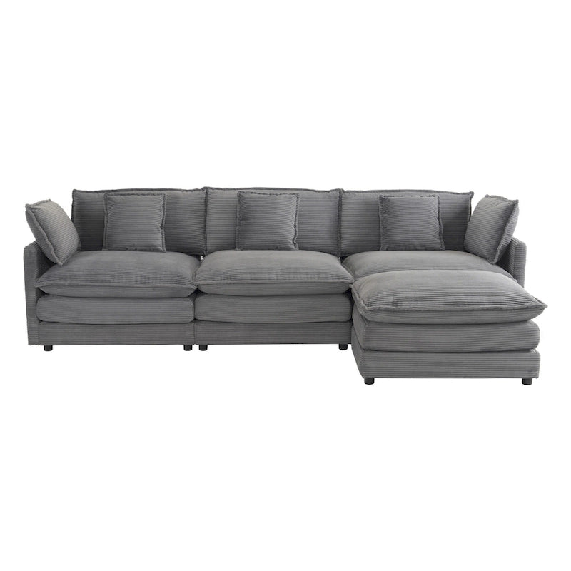 Ecksofa mit verschiebbarem Hocker, L-förmige Cordcouch mit tiefem Sitz, Lendenkissen und Seitentaschen