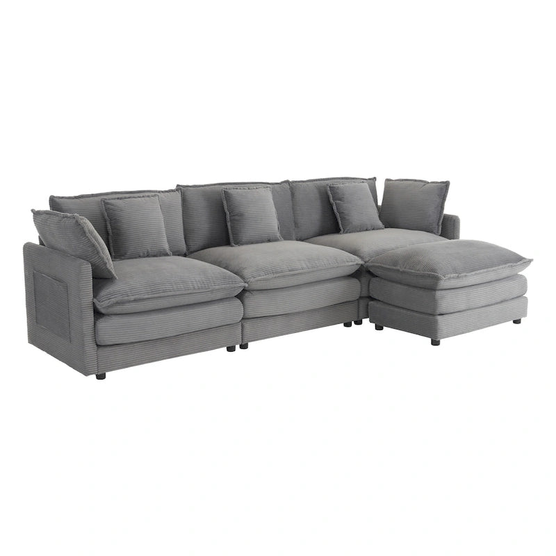 Ecksofa mit verschiebbarem Hocker, L-förmige Cordcouch mit tiefem Sitz, Lendenkissen und Seitentaschen