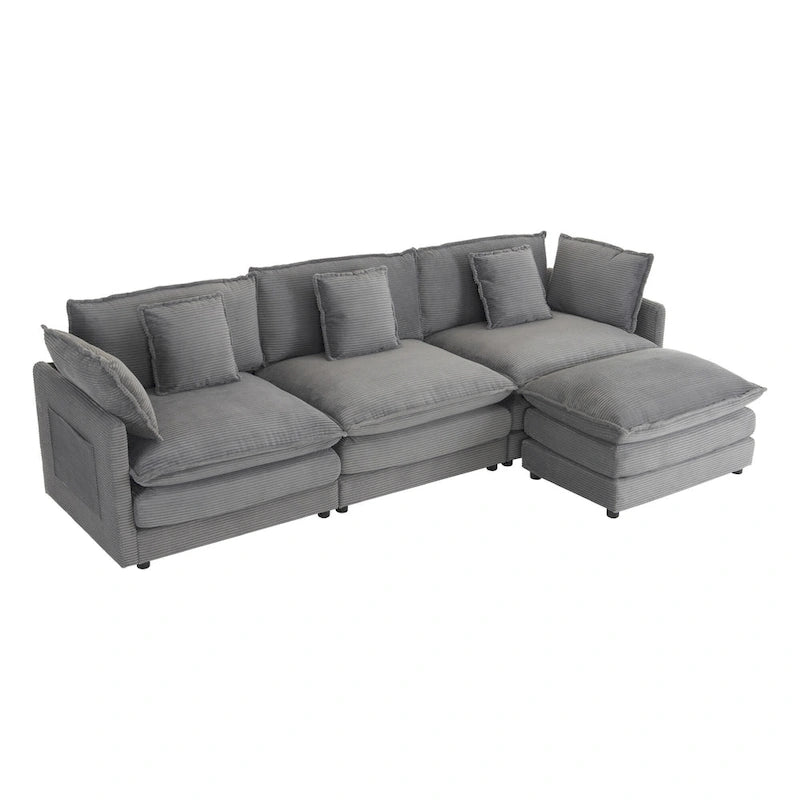 Ecksofa mit verschiebbarem Hocker, L-förmige Cordcouch mit tiefem Sitz, Lendenkissen und Seitentaschen