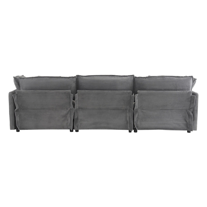 Ecksofa mit verschiebbarem Hocker, L-förmige Cordcouch mit tiefem Sitz, Lendenkissen und Seitentaschen