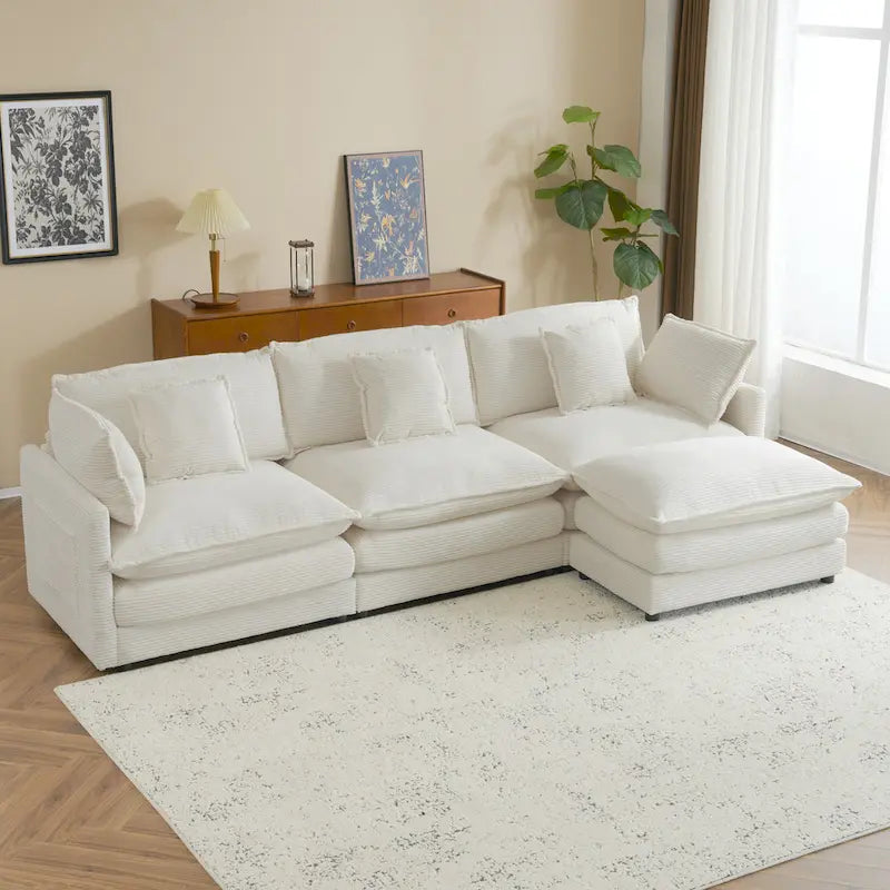 Ecksofa mit verschiebbarem Hocker, L-förmige Cordcouch mit tiefem Sitz, Lendenkissen und Seitentaschen