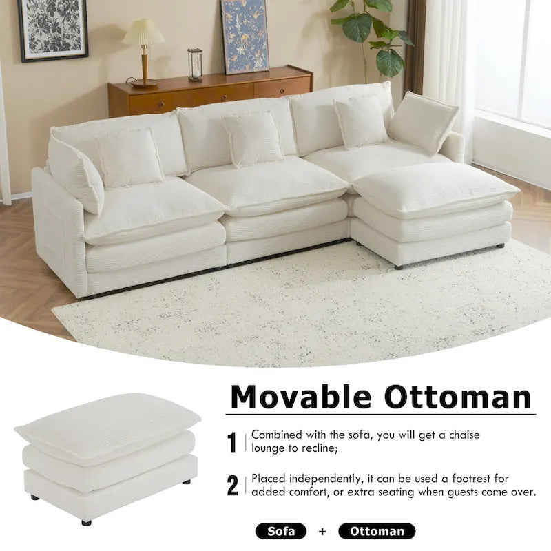 Ecksofa mit verschiebbarem Hocker, L-förmige Cordcouch mit tiefem Sitz, Lendenkissen und Seitentaschen