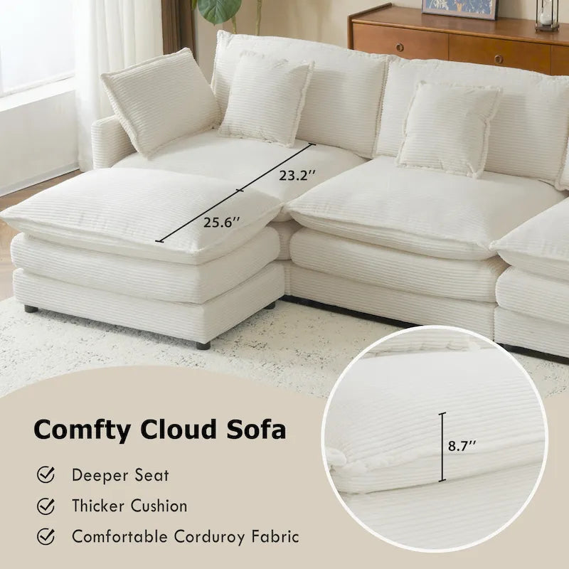 Ecksofa mit verschiebbarem Hocker, L-förmige Cordcouch mit tiefem Sitz, Lendenkissen und Seitentaschen