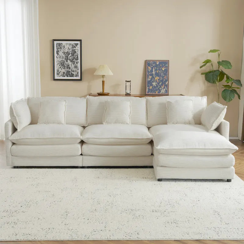 Ecksofa mit verschiebbarem Hocker, L-förmige Cordcouch mit tiefem Sitz, Lendenkissen und Seitentaschen