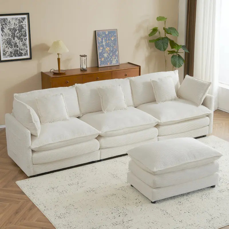 Ecksofa mit verschiebbarem Hocker, L-förmige Cordcouch mit tiefem Sitz, Lendenkissen und Seitentaschen