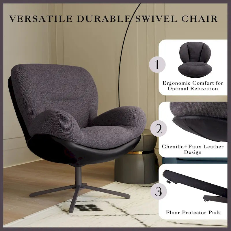 Chaise de bureau moderne en chenille, pivotante à 360°, avec piètement en métal