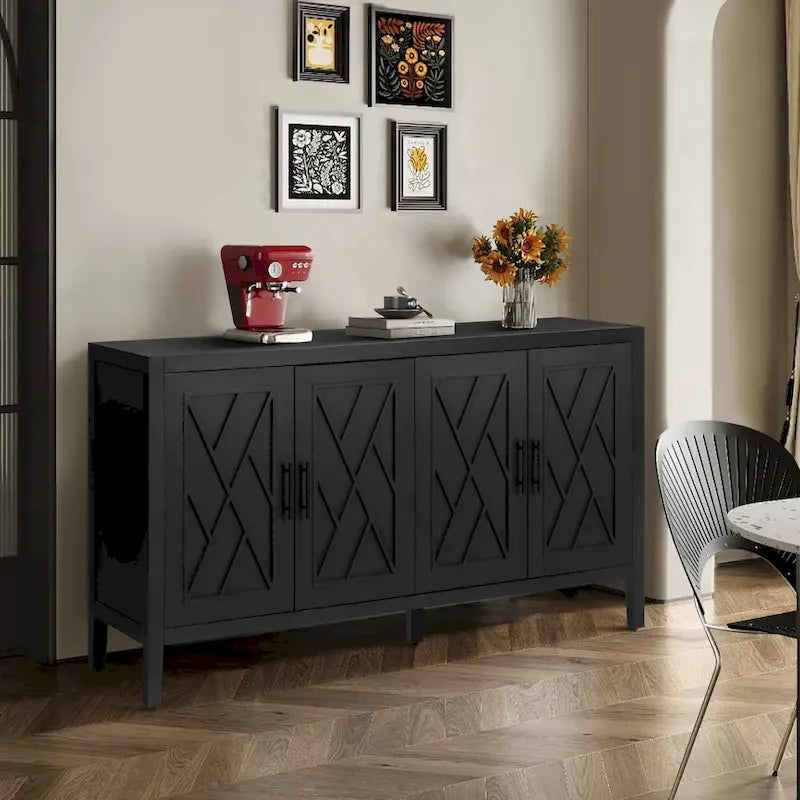 Sideboard aus Holz mit gemusterten Türen, Buffetschrank mit verstellbaren Regalböden, Konsolentisch mit Beinen aus Massivholz