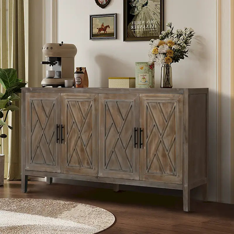 Sideboard aus Holz mit gemusterten Türen, Buffetschrank mit verstellbaren Regalböden, Konsolentisch mit Beinen aus Massivholz
