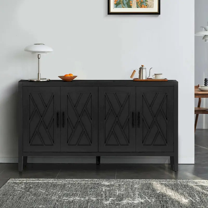 Sideboard aus Holz mit gemusterten Türen, Buffetschrank mit verstellbaren Regalböden, Konsolentisch mit Beinen aus Massivholz