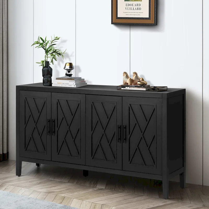 Sideboard aus Holz mit gemusterten Türen, Buffetschrank mit verstellbaren Regalböden, Konsolentisch mit Beinen aus Massivholz
