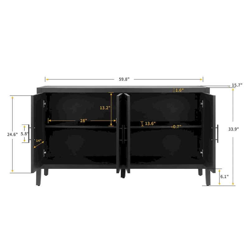 Sideboard aus Holz mit gemusterten Türen, Buffetschrank mit verstellbaren Regalböden, Konsolentisch mit Beinen aus Massivholz