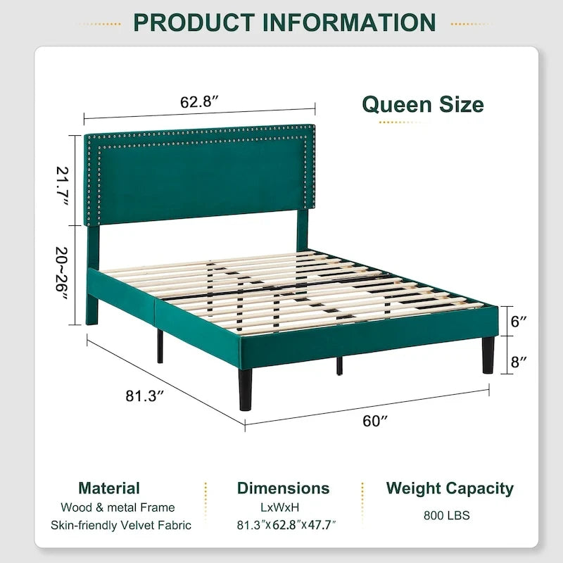 Polsterbettgestell mit verstellbarem Kopfteil, für Einzel-/Doppel-/Queensize-Betten, dunkelgrün