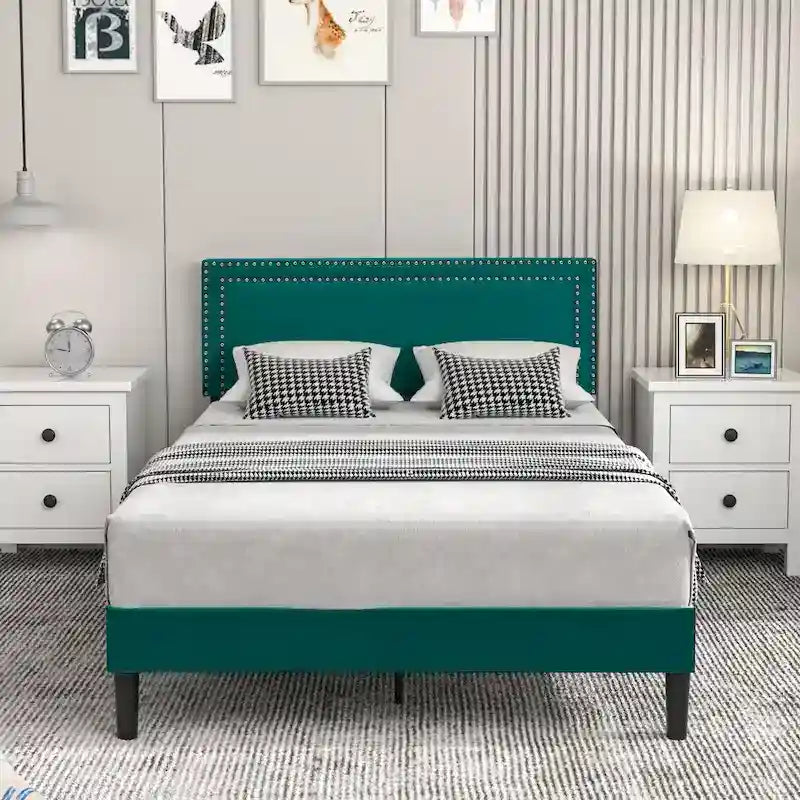 Upholstered Platform Bed Frame with Adjustable HeadboardTwin/Full/Queen Size Beds, Dark Green