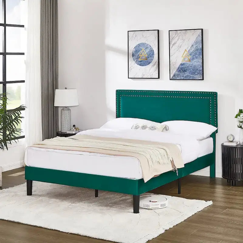 Polsterbettgestell mit verstellbarem Kopfteil, für Einzel-/Doppel-/Queensize-Betten, dunkelgrün