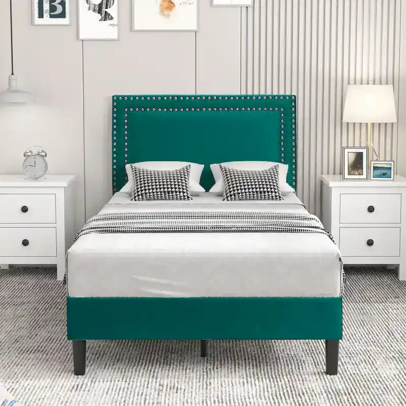 Polsterbettgestell mit verstellbarem Kopfteil, für Einzel-/Doppel-/Queensize-Betten, dunkelgrün