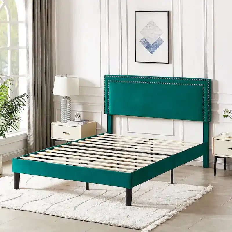 Polsterbettgestell mit verstellbarem Kopfteil, für Einzel-/Doppel-/Queensize-Betten, dunkelgrün