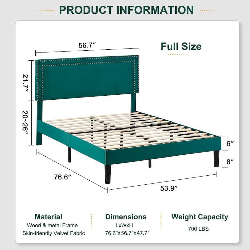 Polsterbettgestell mit verstellbarem Kopfteil, für Einzel-/Doppel-/Queensize-Betten, dunkelgrün