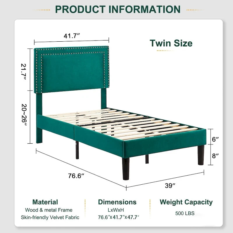 Polsterbettgestell mit verstellbarem Kopfteil, für Einzel-/Doppel-/Queensize-Betten, dunkelgrün