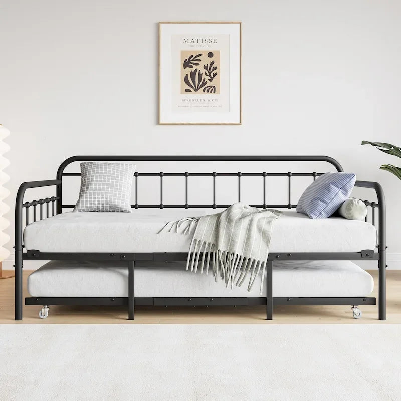 Metall-Tagesbett in Einzelbettgröße mit Ausziehbett und robuster Lattenrostauflage aus Stahl für das Schlafzimmer
