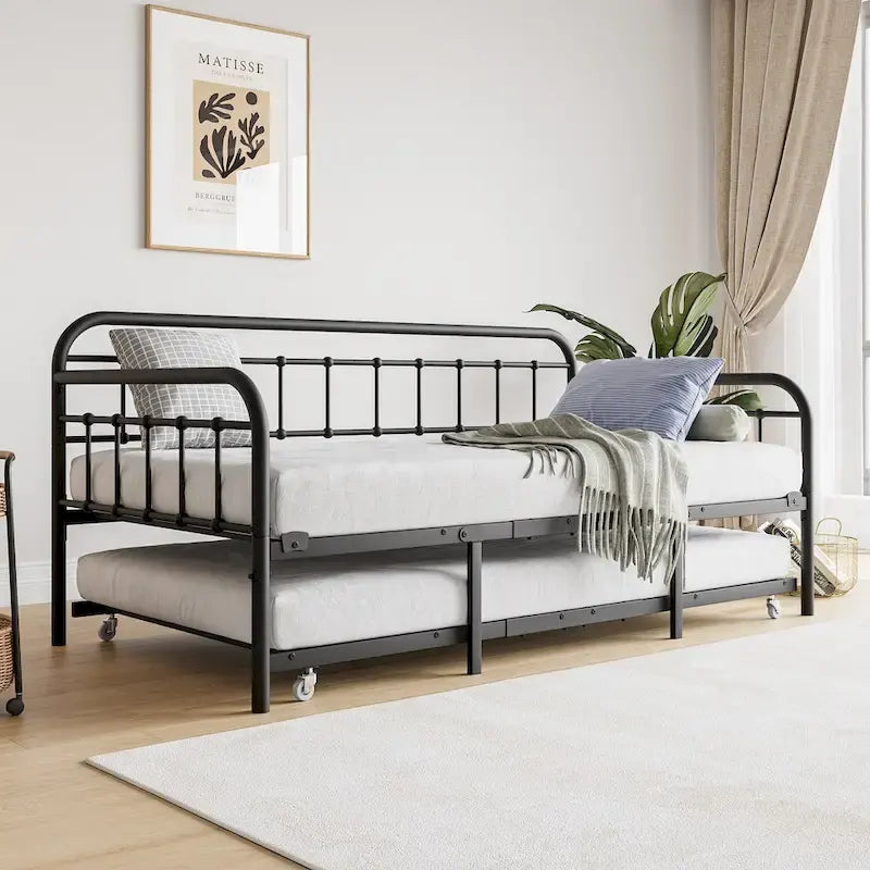Metall-Tagesbett in Einzelbettgröße mit Ausziehbett und robuster Lattenrostauflage aus Stahl für das Schlafzimmer