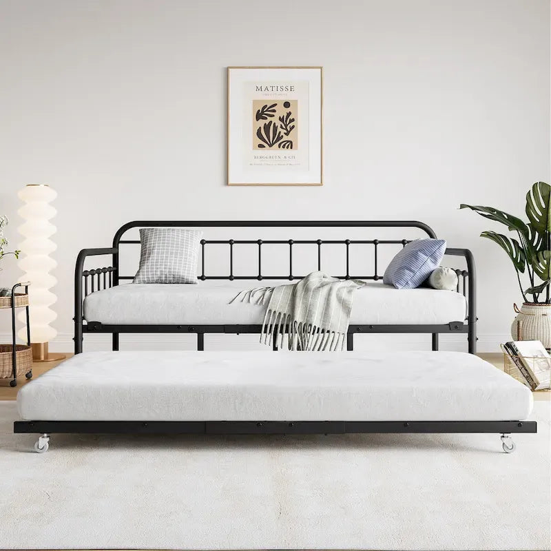 Metall-Tagesbett in Einzelbettgröße mit Ausziehbett und robuster Lattenrostauflage aus Stahl für das Schlafzimmer
