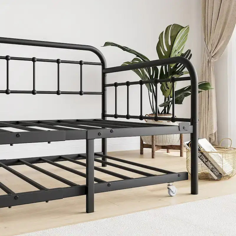 Metall-Tagesbett in Einzelbettgröße mit Ausziehbett und robuster Lattenrostauflage aus Stahl für das Schlafzimmer