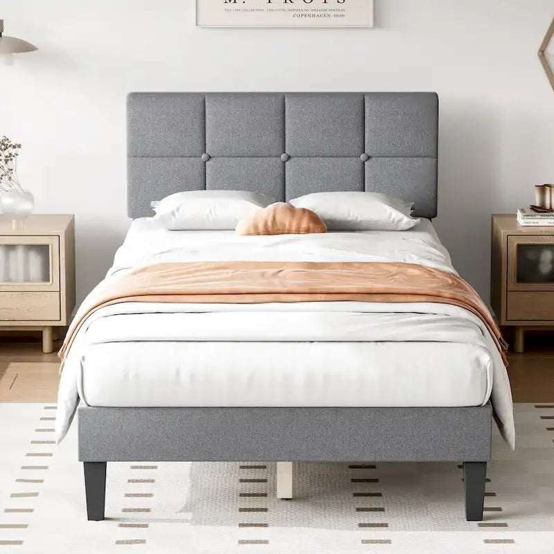 Linen Upholstered Platform Bed with Adjustable Headboard