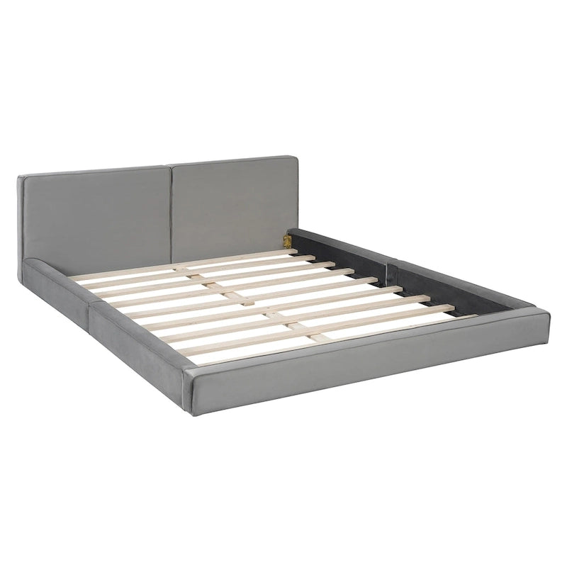 Lit rembourré gris format grand lit avec tissu en velours