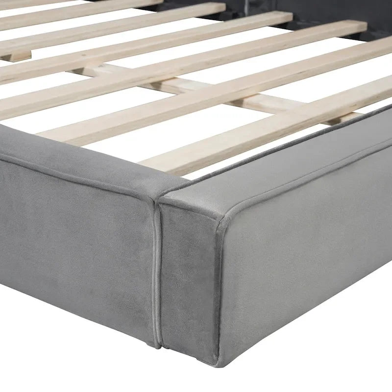 Lit rembourré gris format grand lit avec tissu en velours