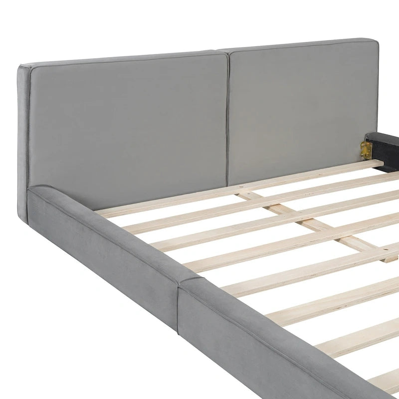 Lit rembourré gris format grand lit avec tissu en velours