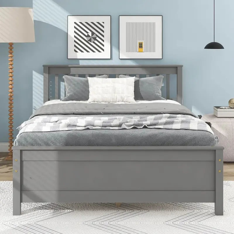 Graues Bett aus Kiefernholz in voller Größe mit Lattenkopf- und Fußteil - kein Boxspringbett erforderlich, Nachttisch inbegriffen