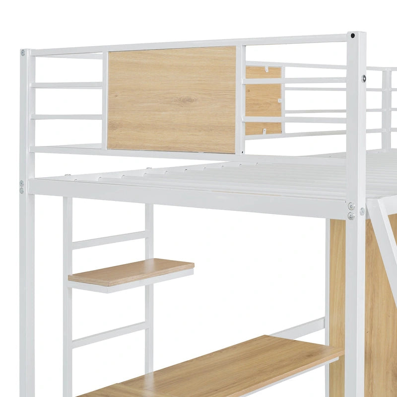 Weißes Metall-Holz-Hochbett in Twin-Größe mit L-förmigem Schreibtisch, Kleiderschrank, Gitter und Leiter