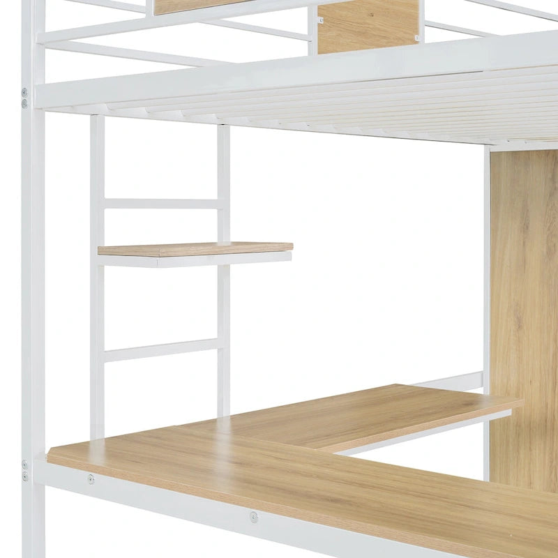 Weißes Metall-Holz-Hochbett in Twin-Größe mit L-förmigem Schreibtisch, Kleiderschrank, Gitter und Leiter