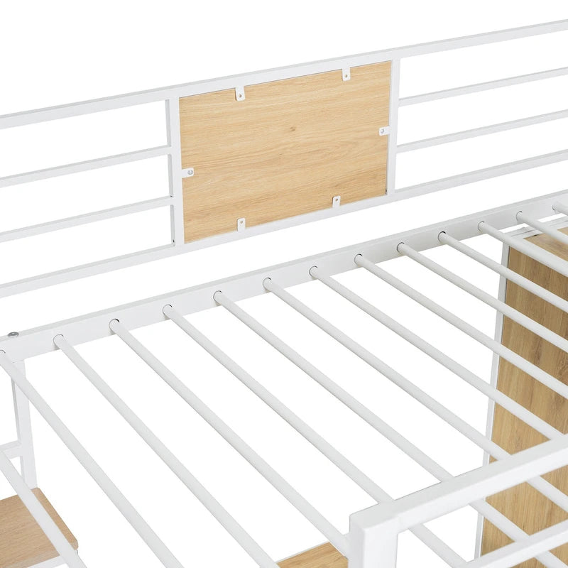 Weißes Metall-Holz-Hochbett in Twin-Größe mit L-förmigem Schreibtisch, Kleiderschrank, Gitter und Leiter
