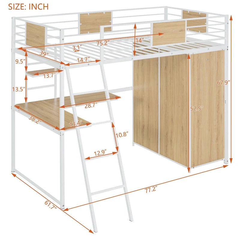 Lit mezzanine blanc en métal et bois pour lit simple, avec bureau en L, armoire, barrière et échelle