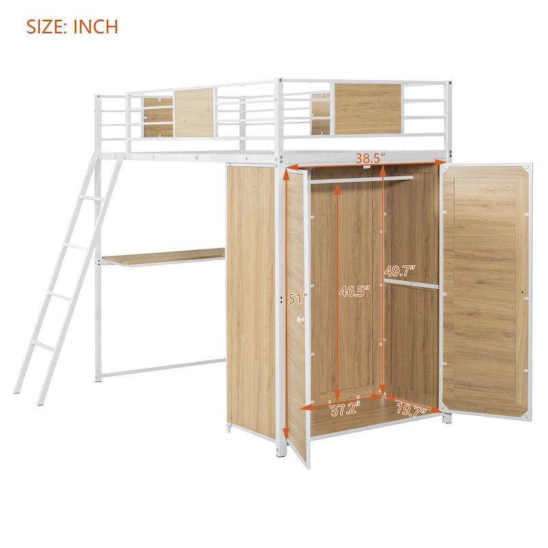 Lit mezzanine blanc en métal et bois pour lit simple, avec bureau en L, armoire, barrière et échelle