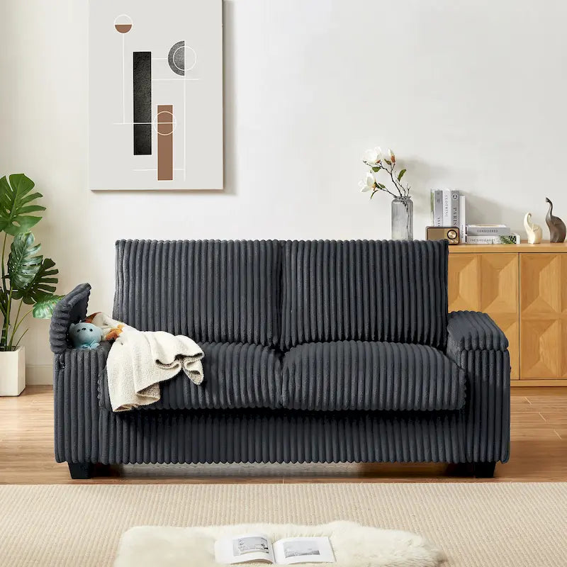 Dunkelgraues Zweisitzer-Sofa aus Stoff, 71, mit quadratischer Armlehne mit Stauraum und USB-Anschluss fürs Wohnzimmer