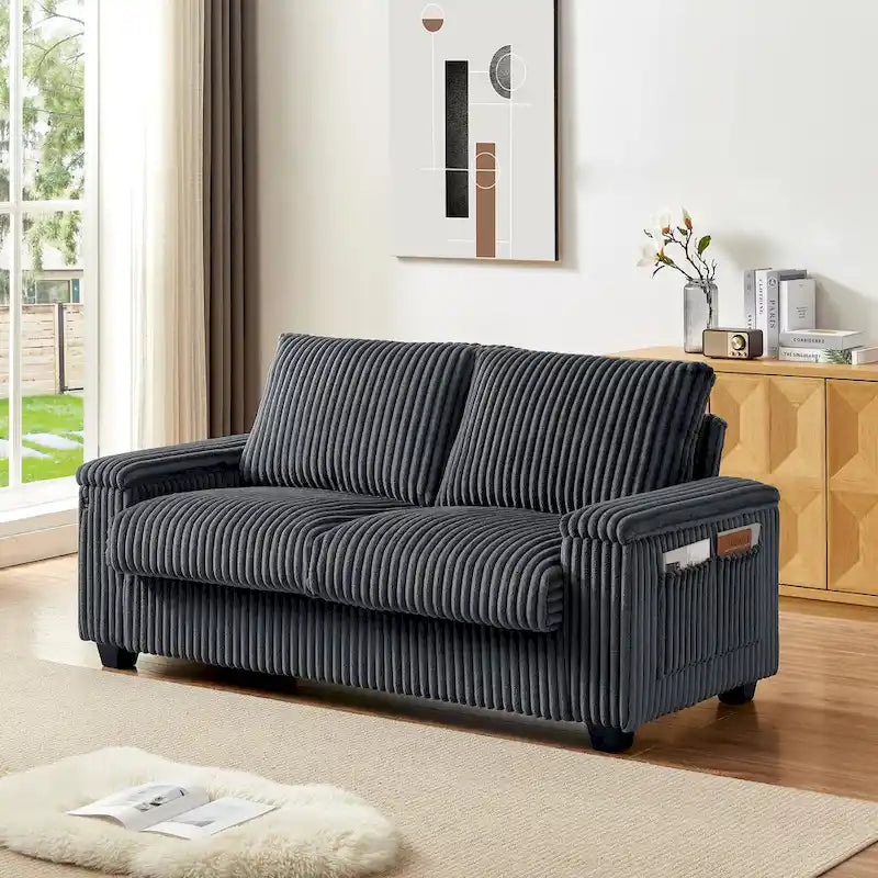 Dunkelgraues Zweisitzer-Sofa aus Stoff, 71, mit quadratischer Armlehne mit Stauraum und USB-Anschluss fürs Wohnzimmer