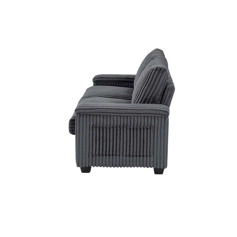 Dunkelgraues Zweisitzer-Sofa aus Stoff, 71, mit quadratischer Armlehne mit Stauraum und USB-Anschluss fürs Wohnzimmer