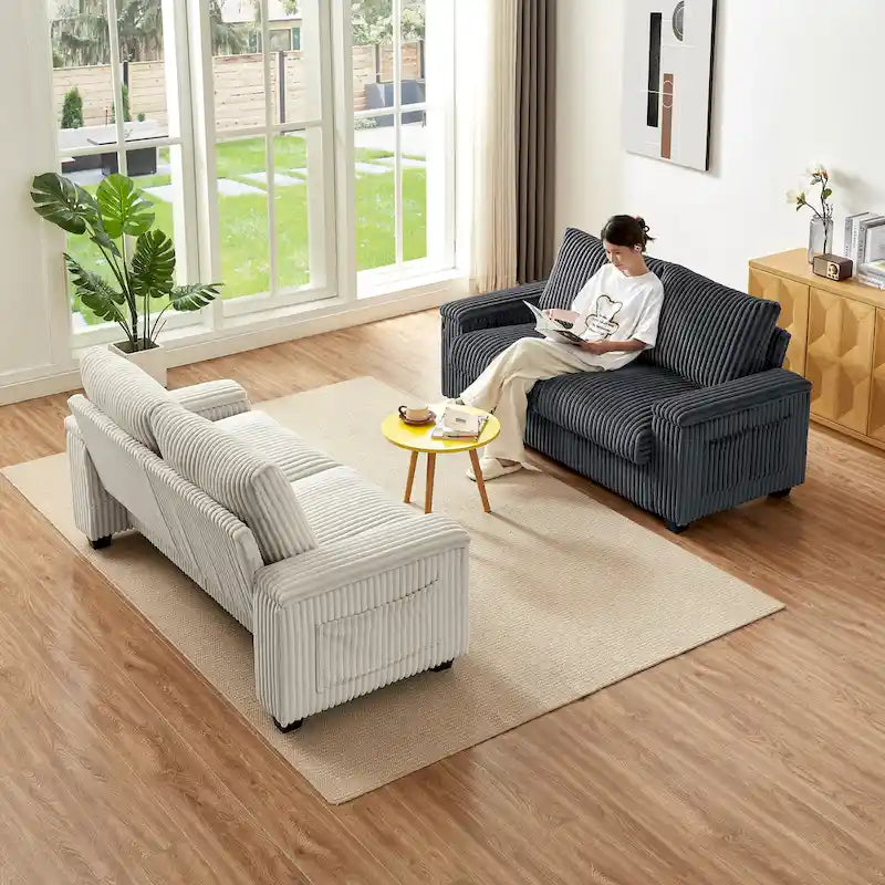 Dunkelgraues Zweisitzer-Sofa aus Stoff, 71, mit quadratischer Armlehne mit Stauraum und USB-Anschluss fürs Wohnzimmer